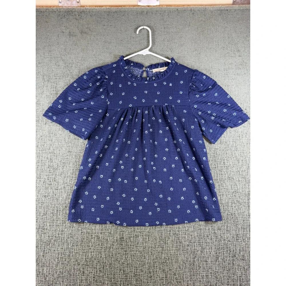 LOFT Navy Blue Floral Seersucker Ruffle Neck Puff Sleeve Blouse Small